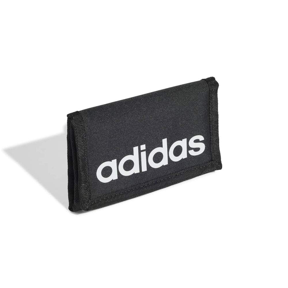 Adidas Linear Wallet in black and white showing the front and side view with hardware details.