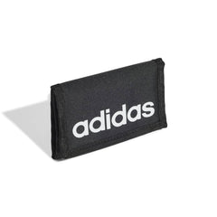 Adidas Linear Wallet in black and white showing the front and side view with hardware details.
