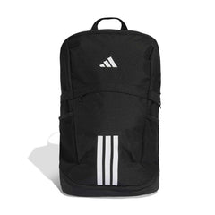 Black Adidas TIRO backpack with front zipper pocket and padded shoulder straps, shown from the front view.