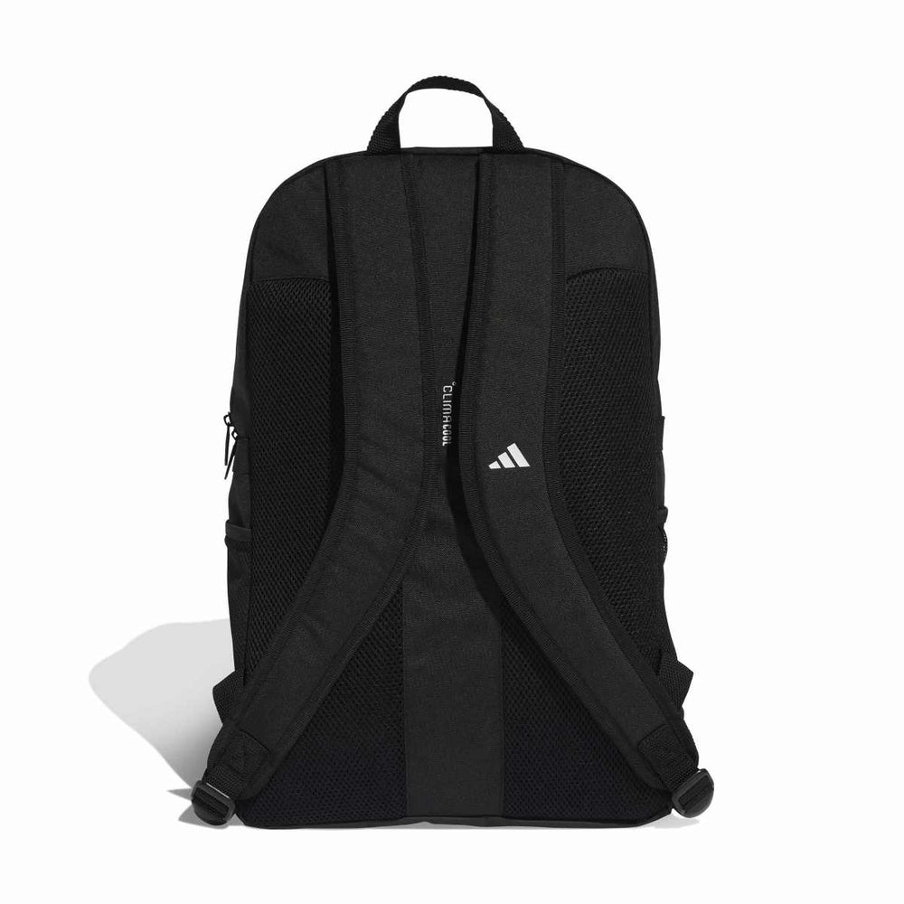 Black Adidas Tiro backpack viewed from the back, with padded shoulder straps and a sleek, sporty design.