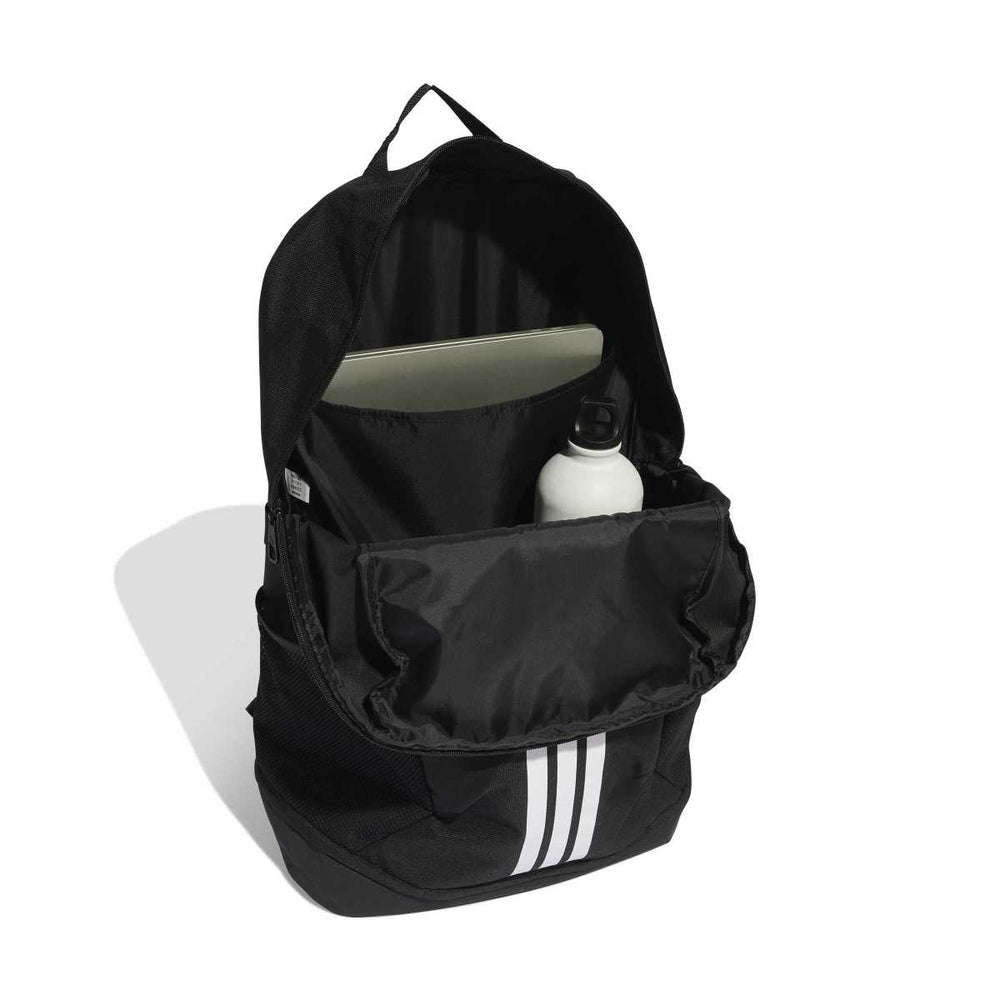 Black Adidas TIRO backpack with front and inside view, showing multiple compartments and sturdy straps for sports and daily use.