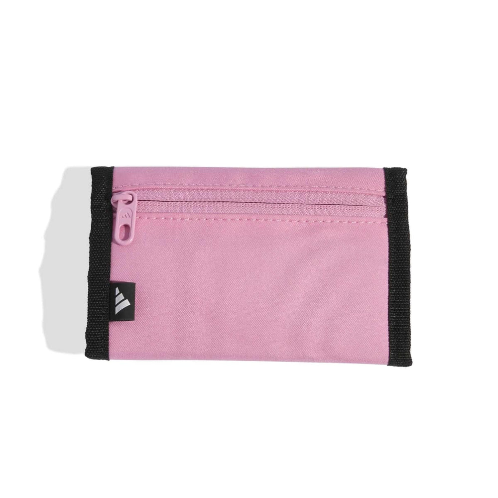 Adidas Linear Wallet in pink and white with multiple card slots and a sleek design, viewed from the back center.