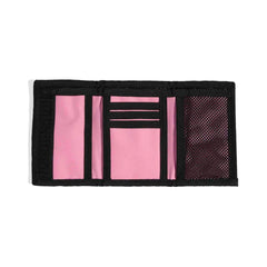 Adidas Linear Wallet in pink and white, showing the front inside view with card slots and hardware details.