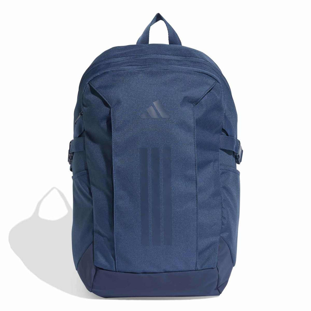 Adidas PrimeLift backpack in Night Marine color, showing front view with multiple compartments and adjustable straps.