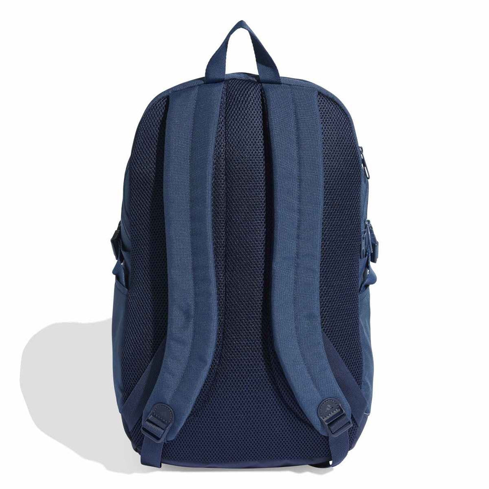 Adidas PrimeLift Backpack in Night Marine with white accents, shown from the back, featuring adjustable straps and spacious main compartment.