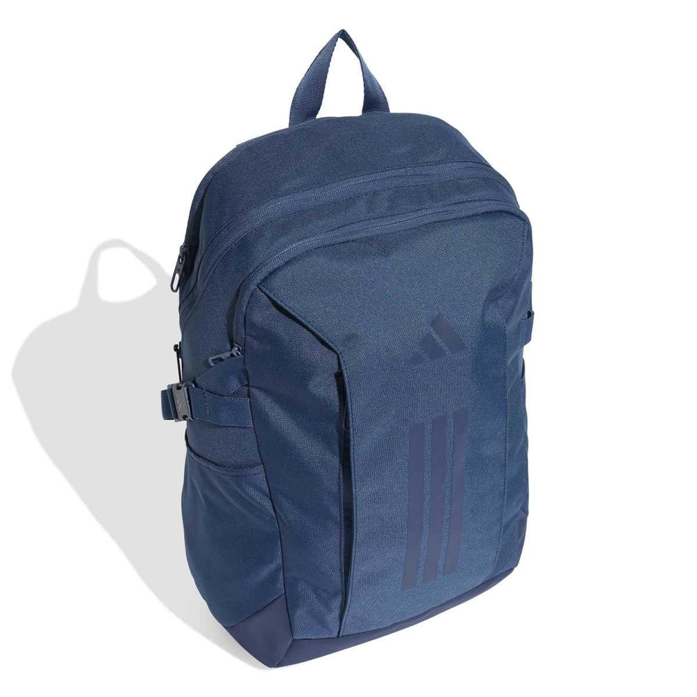 Adidas PrimeLift Backpack in Night Marine color, front and side view showing durable fabric, multiple compartments, and padded straps.