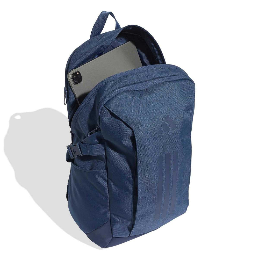 Adidas PrimeLift Backpack in Night Marine with front and inside view, showcasing durable material and spacious compartments.