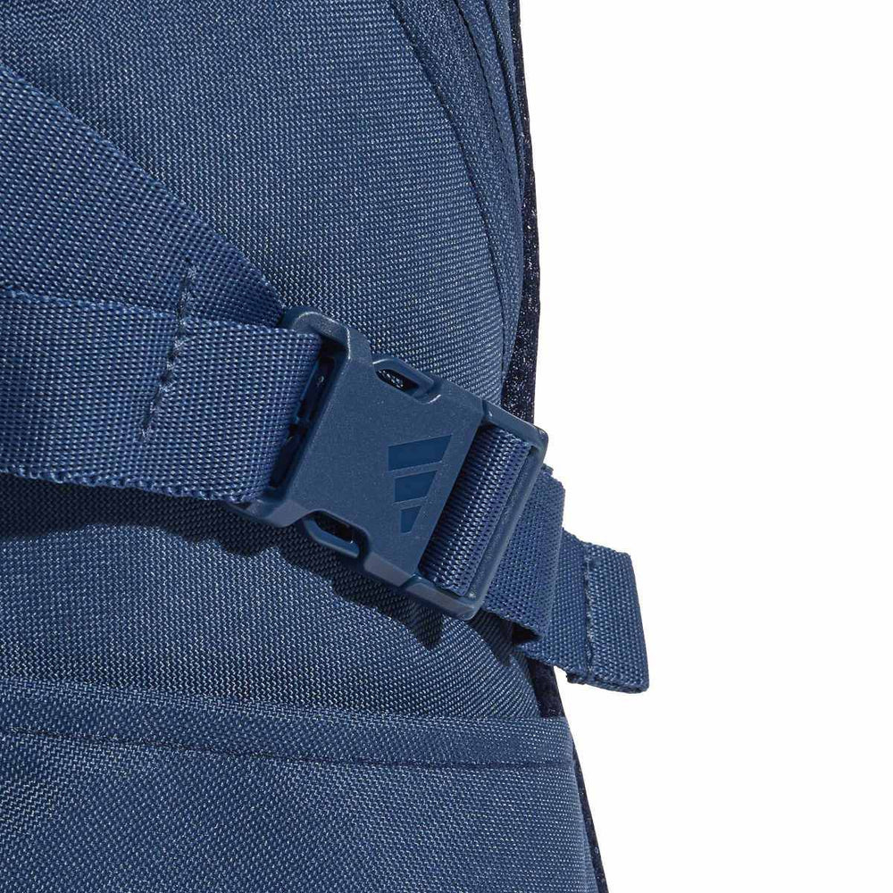 Close-up of the Adidas PrimeLift Backpack in Night Marine showing hardware and detailed stitching on white background.