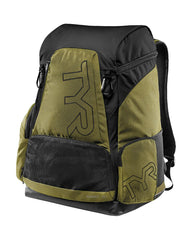 TYR Alliance 45L backpack in khaki with multiple compartments and adjustable straps, designed for versatile outdoor or sports use.
