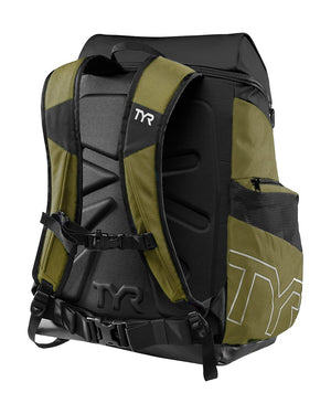 TYR Alliance 45L backpack in khaki color with multiple compartments and padded straps, designed for sports and outdoor activities.