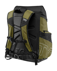 TYR Alliance 45L backpack in khaki color with multiple compartments and padded straps, designed for sports and outdoor activities.