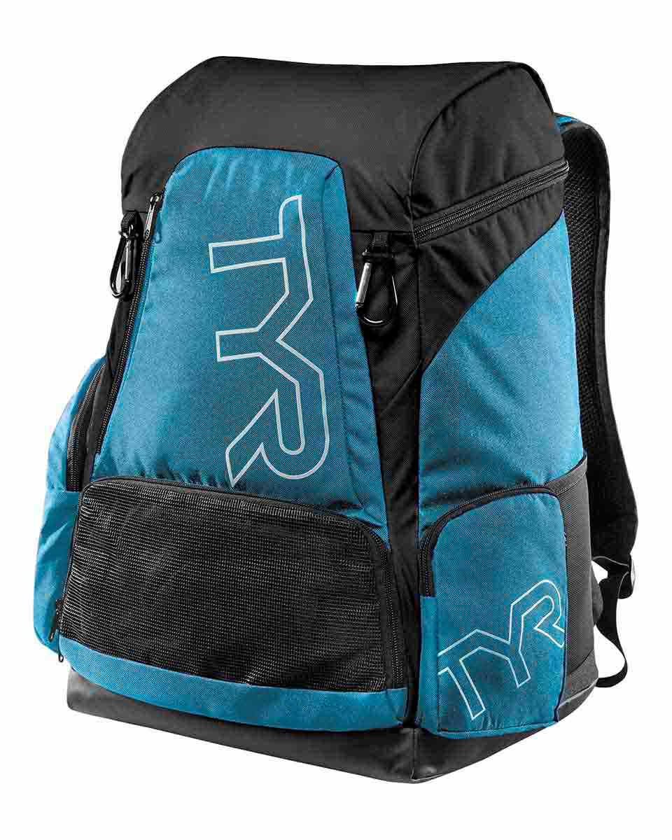 TYR Alliance 45L teal backpack showing multiple compartments, adjustable straps, and durable fabric for sports and travel use.