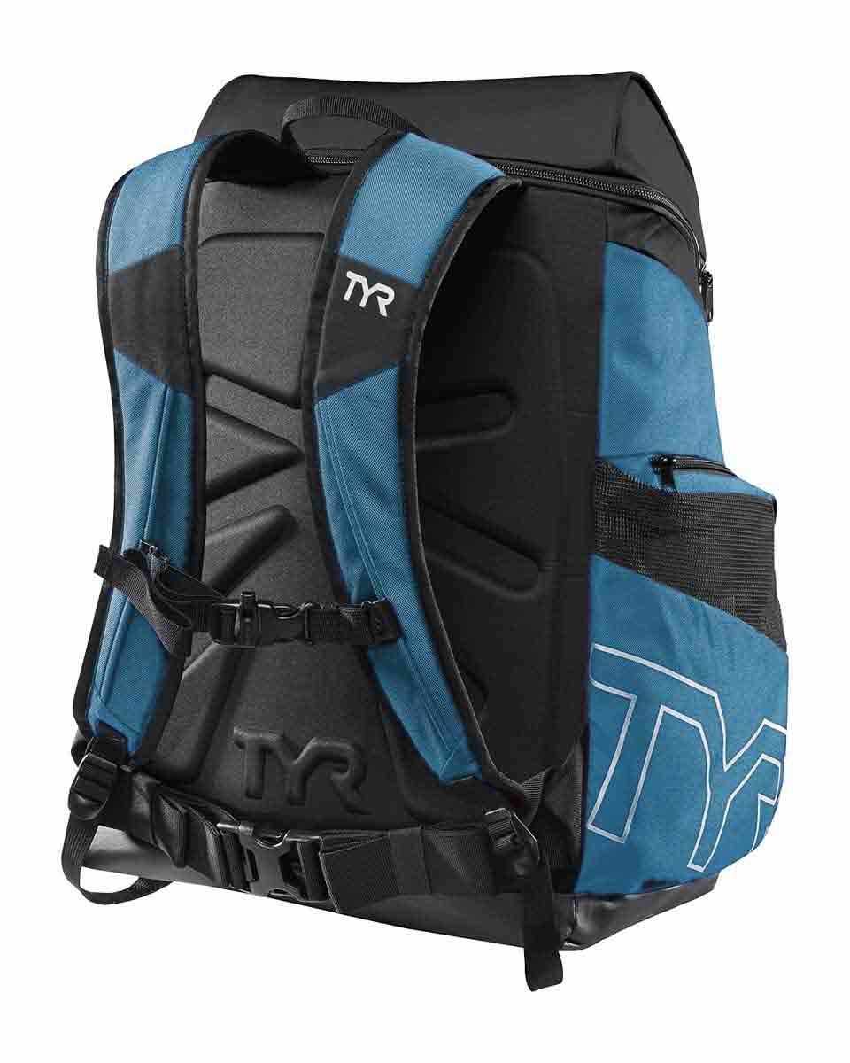 TYR Alliance 45L backpack in teal with multiple compartments and adjustable straps, ideal for sports and travel.