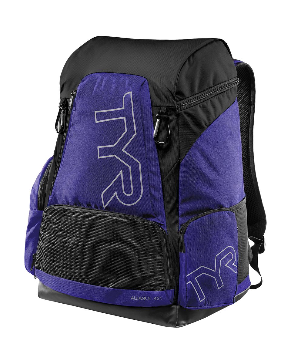 TYR Alliance 45L backpack in sapphire color with multiple compartments and adjustable straps, designed for sports and travel.