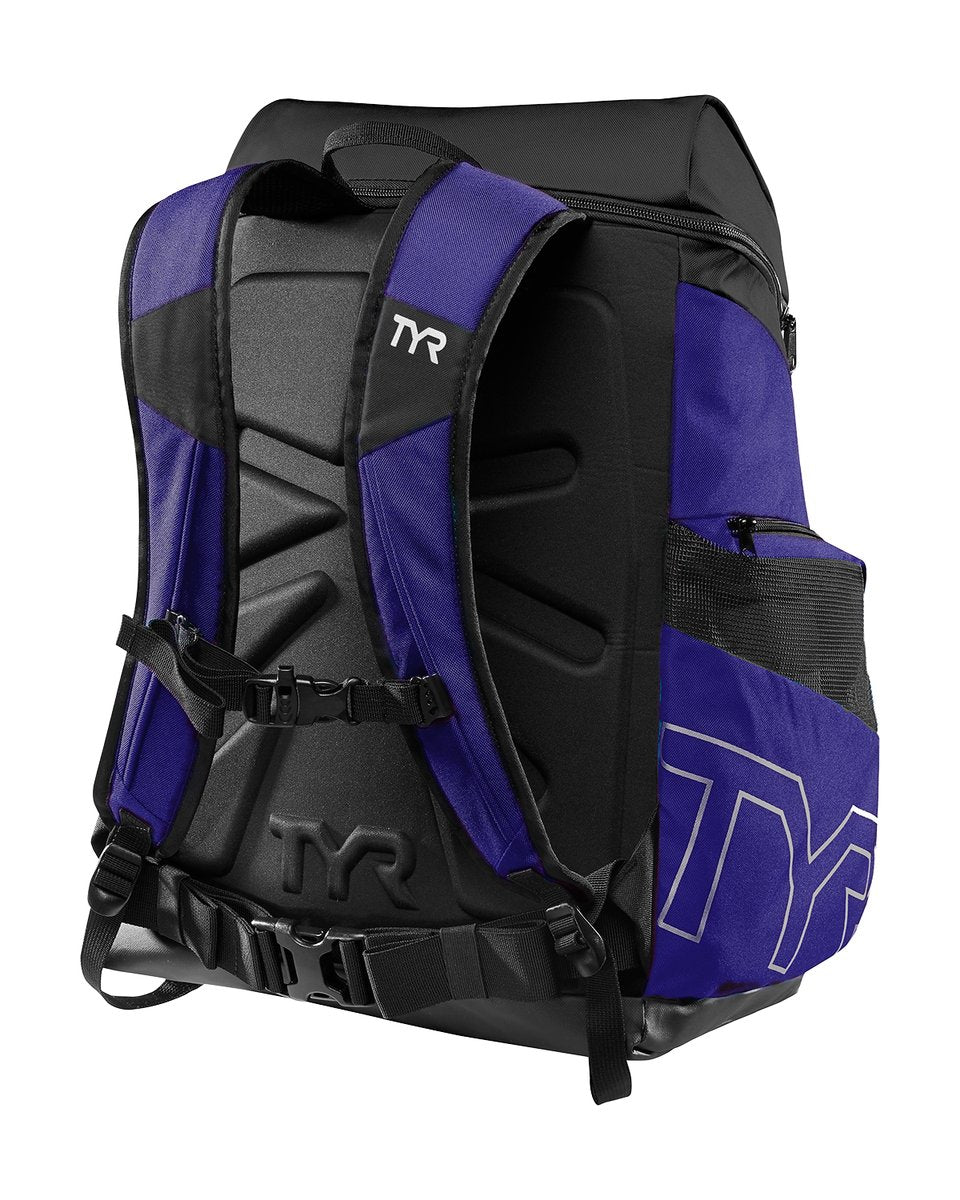 TYR Alliance 45L backpack in sapphire blue with multiple compartments and adjustable straps, designed for sport and travel use