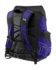 TYR Alliance 45L backpack in sapphire blue with multiple compartments and adjustable straps, designed for sport and travel use