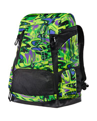 TYR Alliance 45L printed backpack in Flux Lime and Multi with adjustable straps and multiple compartments.