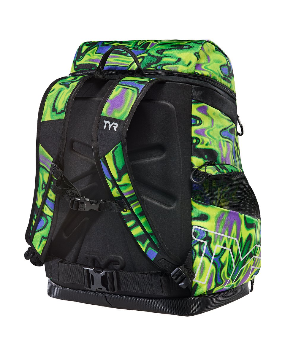 TYR Alliance 45L printed backpack in Flux Lime and Multi with multiple compartments and adjustable straps.