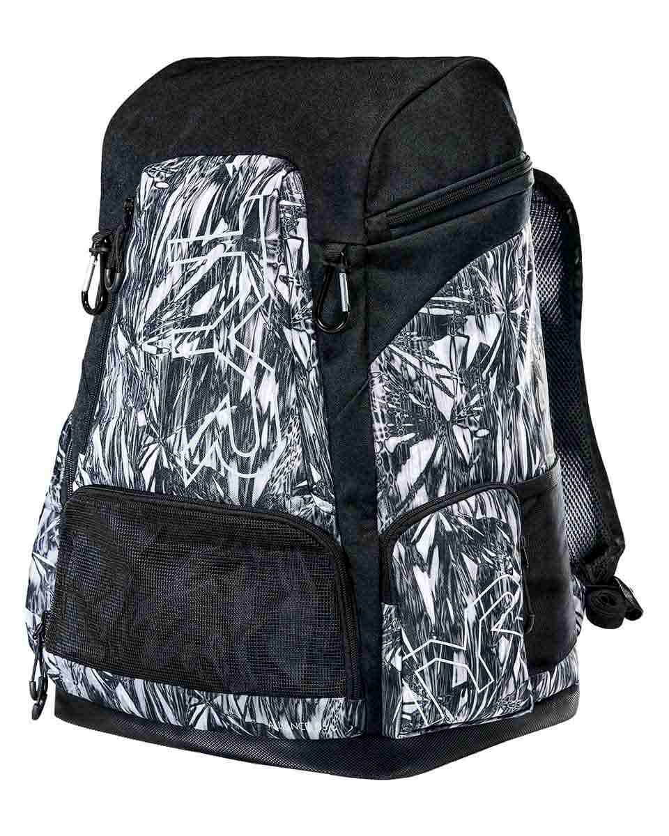 TYR Alliance 45L Titanium backpack with fragment printed design, featuring multiple compartments and adjustable straps.