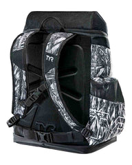 TYR Alliance 45L Fragment Printed Backpack in titanium with multiple compartments and adjustable straps, designed for active use.