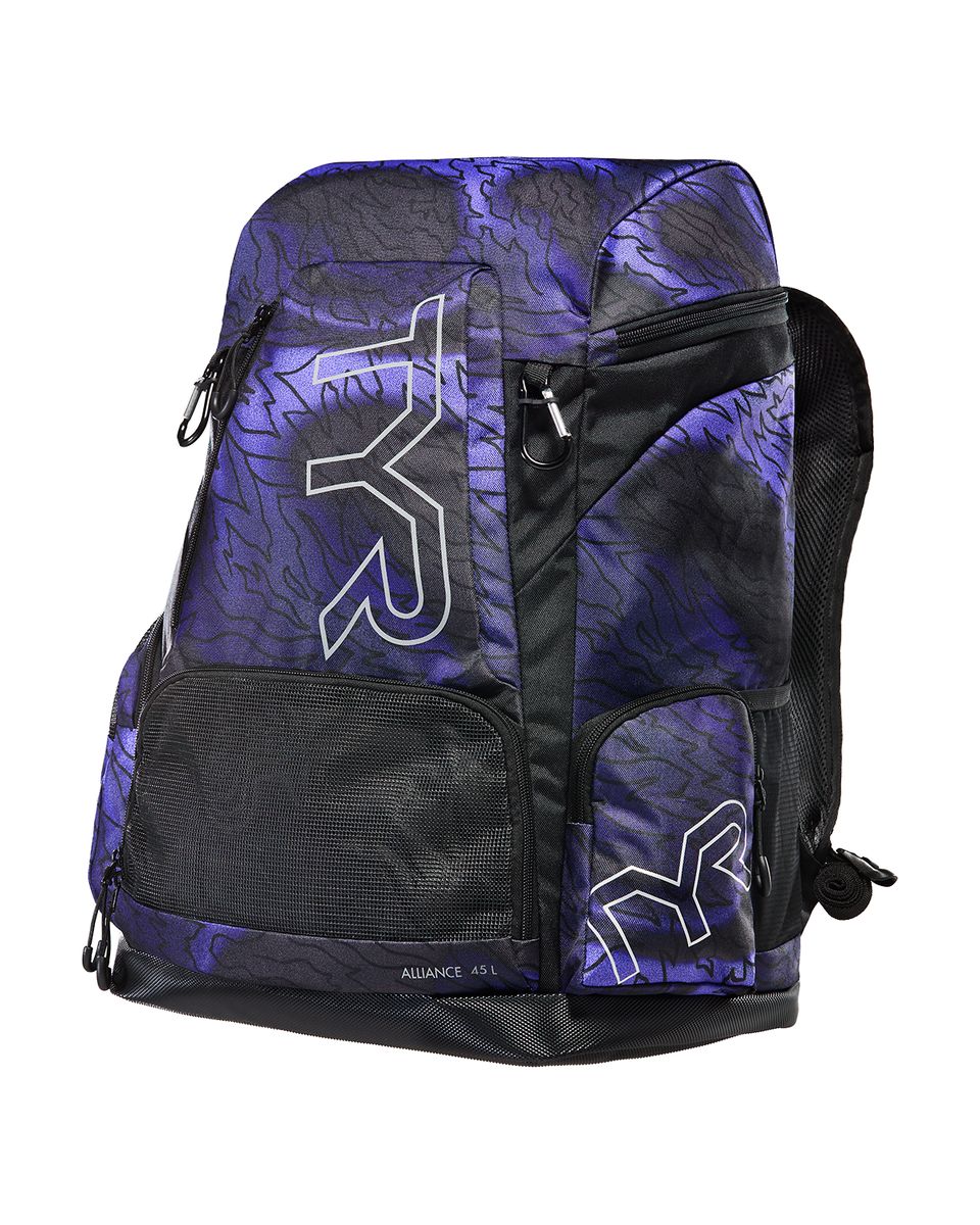 TYR Alliance 45L printed backpack with Hoodori design in smoke and black, featuring multiple compartments and adjustable straps.