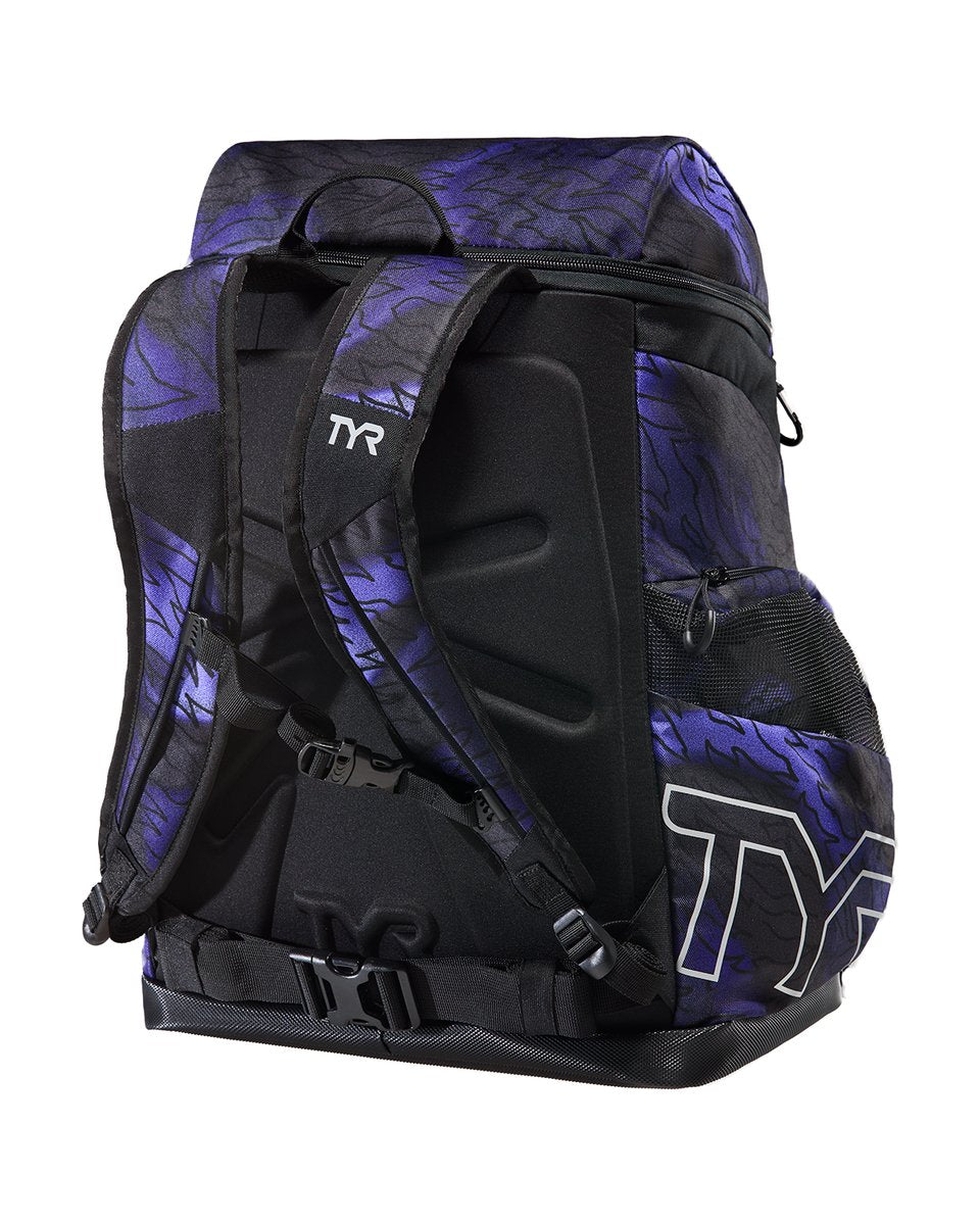 TYR Alliance 45L printed backpack with Hoodori design in smoke and black, featuring multiple compartments and adjustable straps.