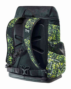 TYR Alliance 45L Ruis printed backpack in Limelight with adjustable straps and multiple compartments for sports and travel use.
