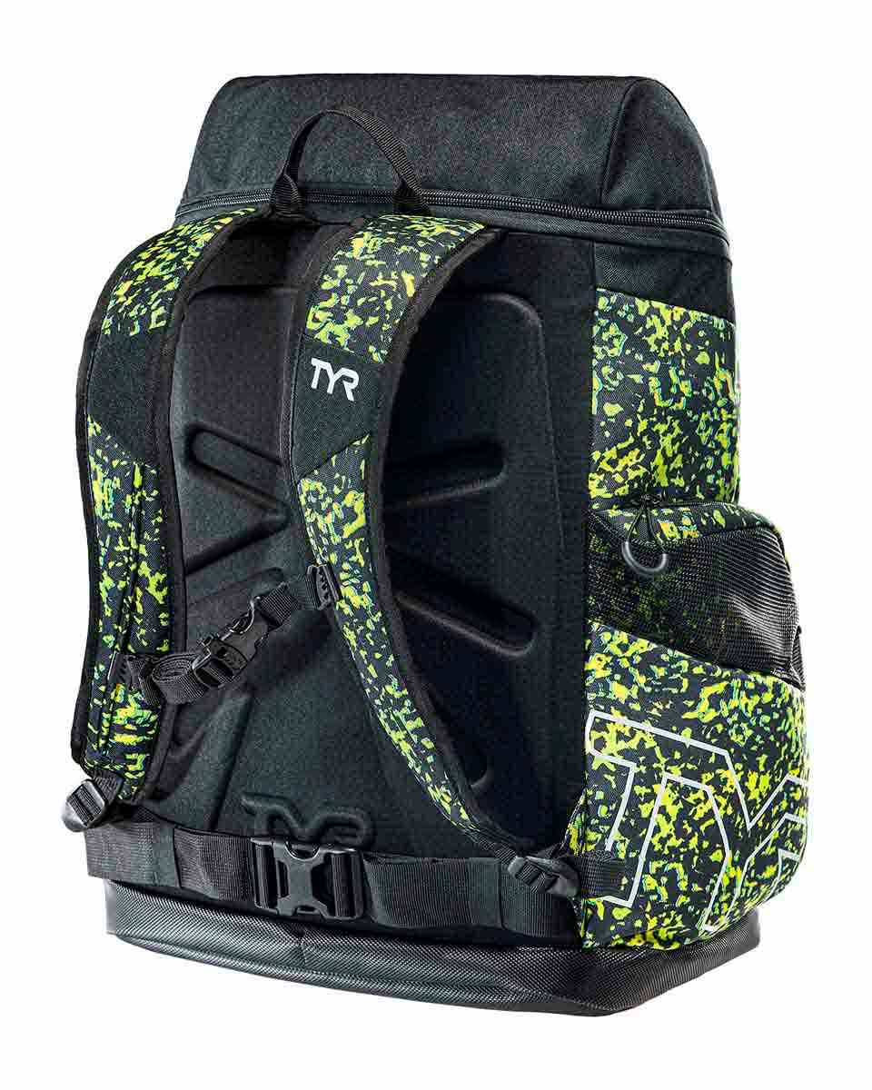 TYR Alliance 45L Ruis printed backpack in Limelight with adjustable straps and multiple compartments for sports and travel use.