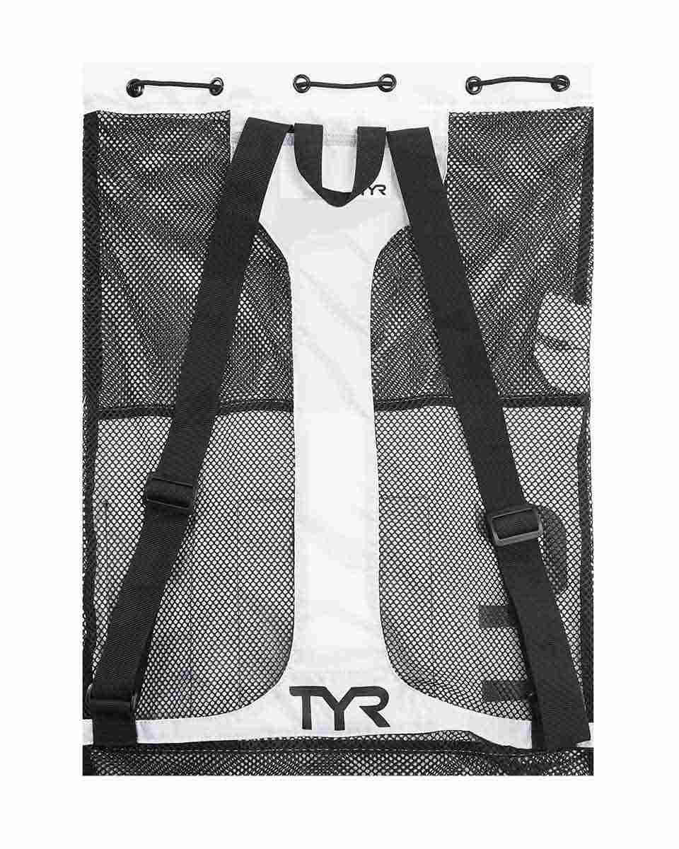 White TYR Big Mesh Mummy Backpack with large mesh compartments, durable straps, and a spacious design for swimming gear storage.