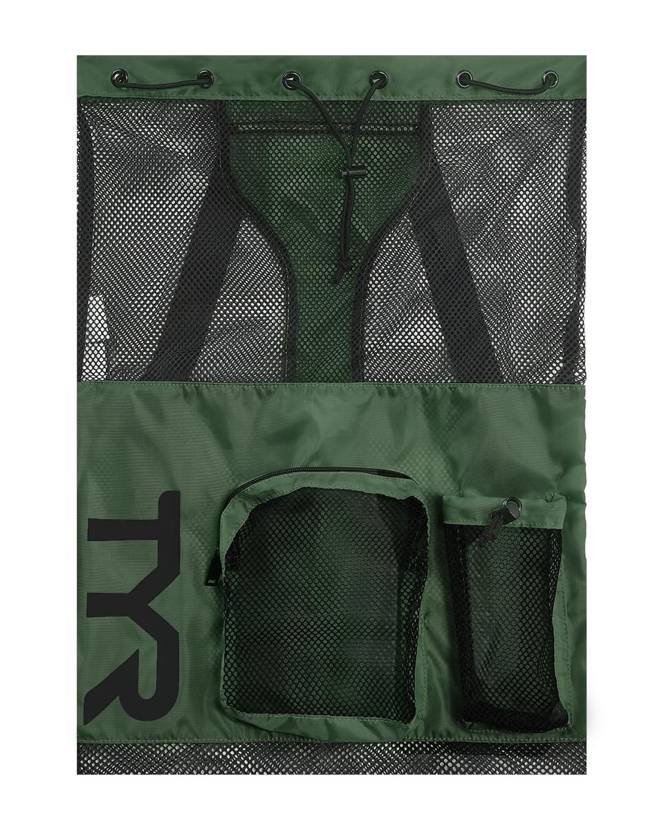 TYR Big Mesh Mummy Backpack in olive color, large mesh bag with sturdy handles for swimming gear or sports equipment.