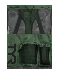 TYR Big Mesh Mummy Backpack in olive color, large mesh bag with sturdy handles for swimming gear or sports equipment.