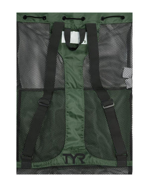 TYR Big Mesh Mummy Backpack in olive green, featuring large mesh compartments and adjustable straps for versatile storage.