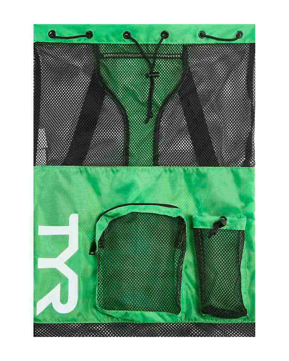 TYR Big Mesh Mummy Backpack in Kelly Green, large breathable mesh bag with sturdy straps for swimming gear or sports equipment.