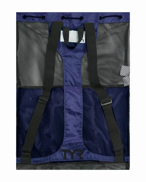 Blue TYR Big Mesh Mummy Backpack in blue with large mesh compartments, designed for swimming gear and outdoor use.