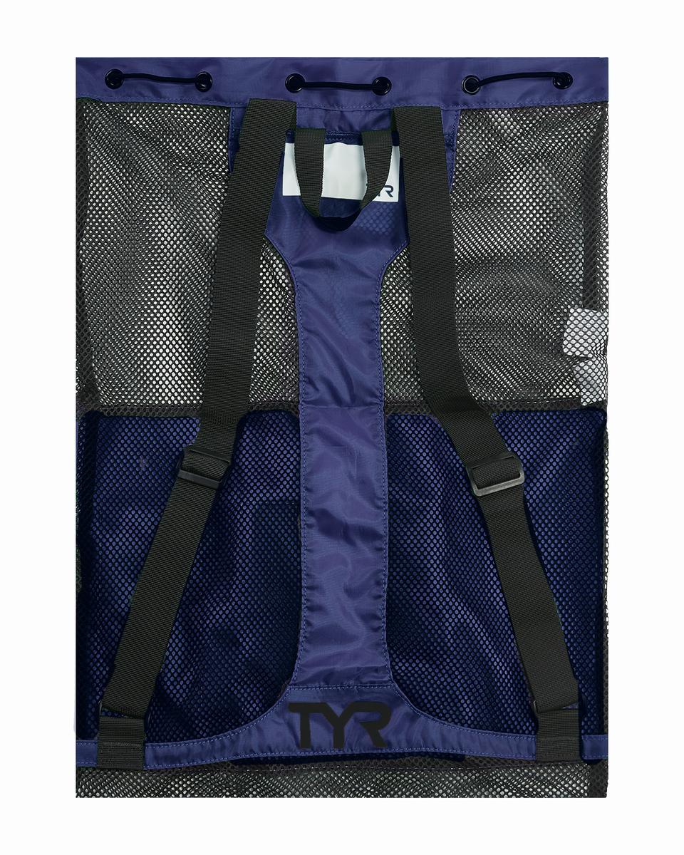 Blue TYR Big Mesh Mummy Backpack in blue with large mesh compartments, designed for swimming gear and outdoor use.