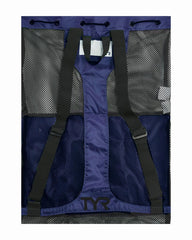 Blue TYR Big Mesh Mummy Backpack in blue with large mesh compartments, designed for swimming gear and outdoor use.