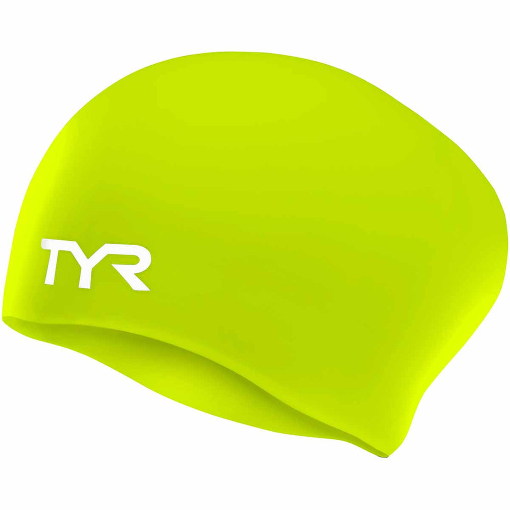 TYR long hair silicone swimming cap in limelight color, wrinkle-free design, ideal for protecting long hair during swimming.