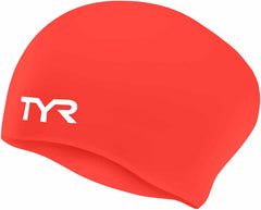 Bright red TYR long hair silicone swim cap with wrinkle-free design, ideal for protecting long hair during swimming.
