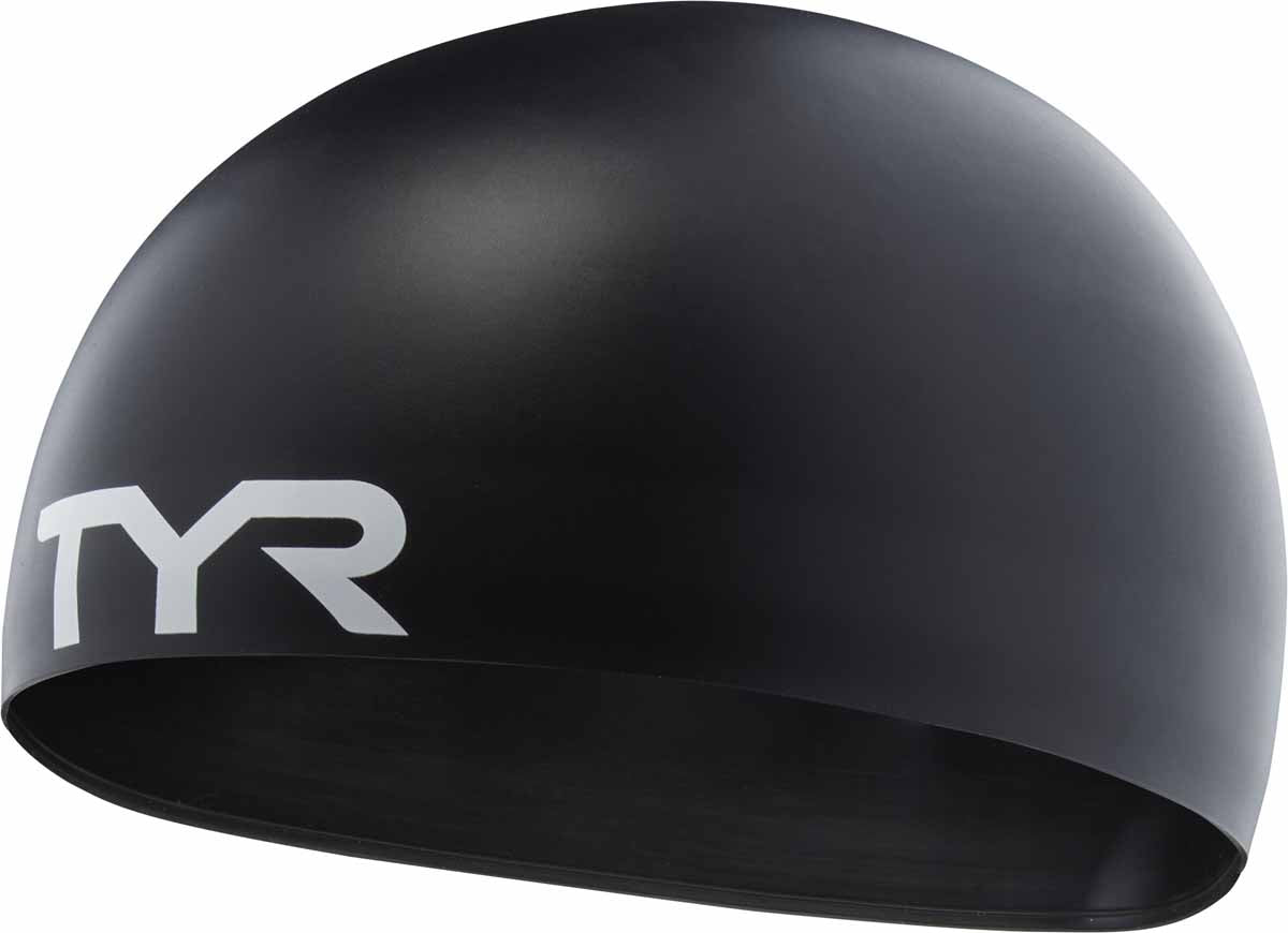 Black TYR Stealth-X Racing swim cap made of sleek, durable material, designed for competitive swimmers.