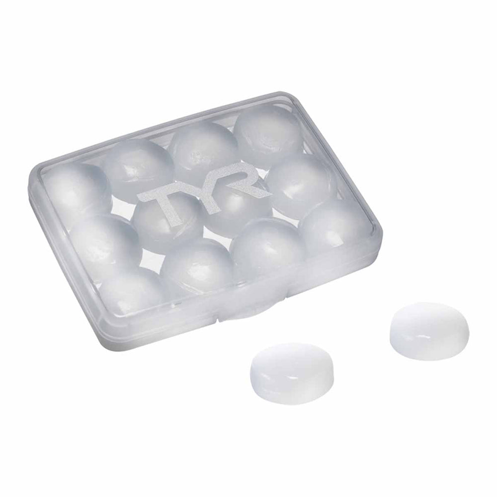 Clear TYR soft silicone ear plugs in a 12-pack, designed for comfortable noise and water protection.