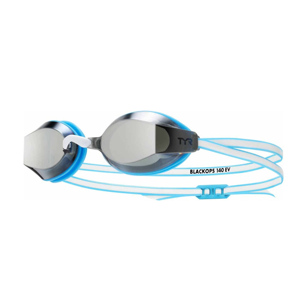 TYR Blackops 140 EV female racing goggles in blue and white with reflective mirror lenses, designed for competitive swimming.