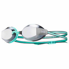 TYR Blackops 140 EV female racing goggles in silver, mint, and black with mirrored lenses, designed for competitive swimming.