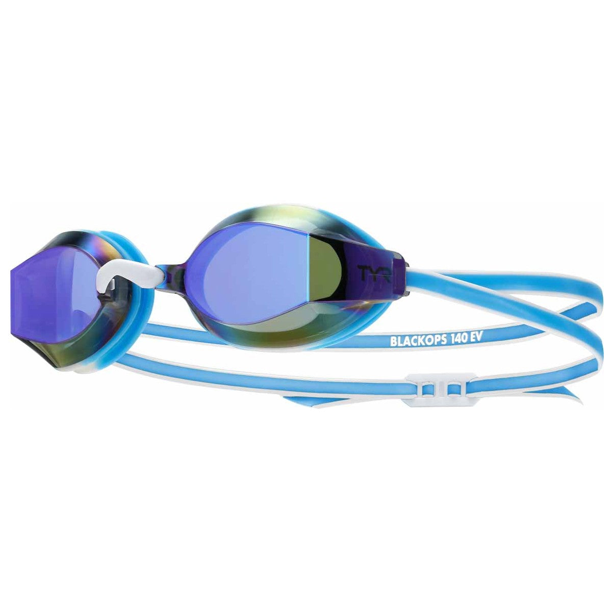 TYR Junior Blackops 140 EV mirror racing goggles in blue and white with reflective lenses, designed for competitive swimming.