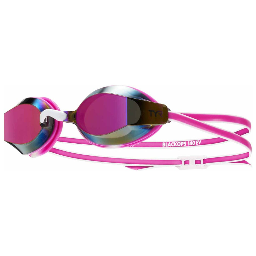 TYR Junior Blackops 140 EV mirror racing goggles in pink and white with tinted lenses for competitive swimming.