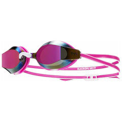 TYR Junior Blackops 140 EV mirror racing goggles in pink and white with tinted lenses for competitive swimming.