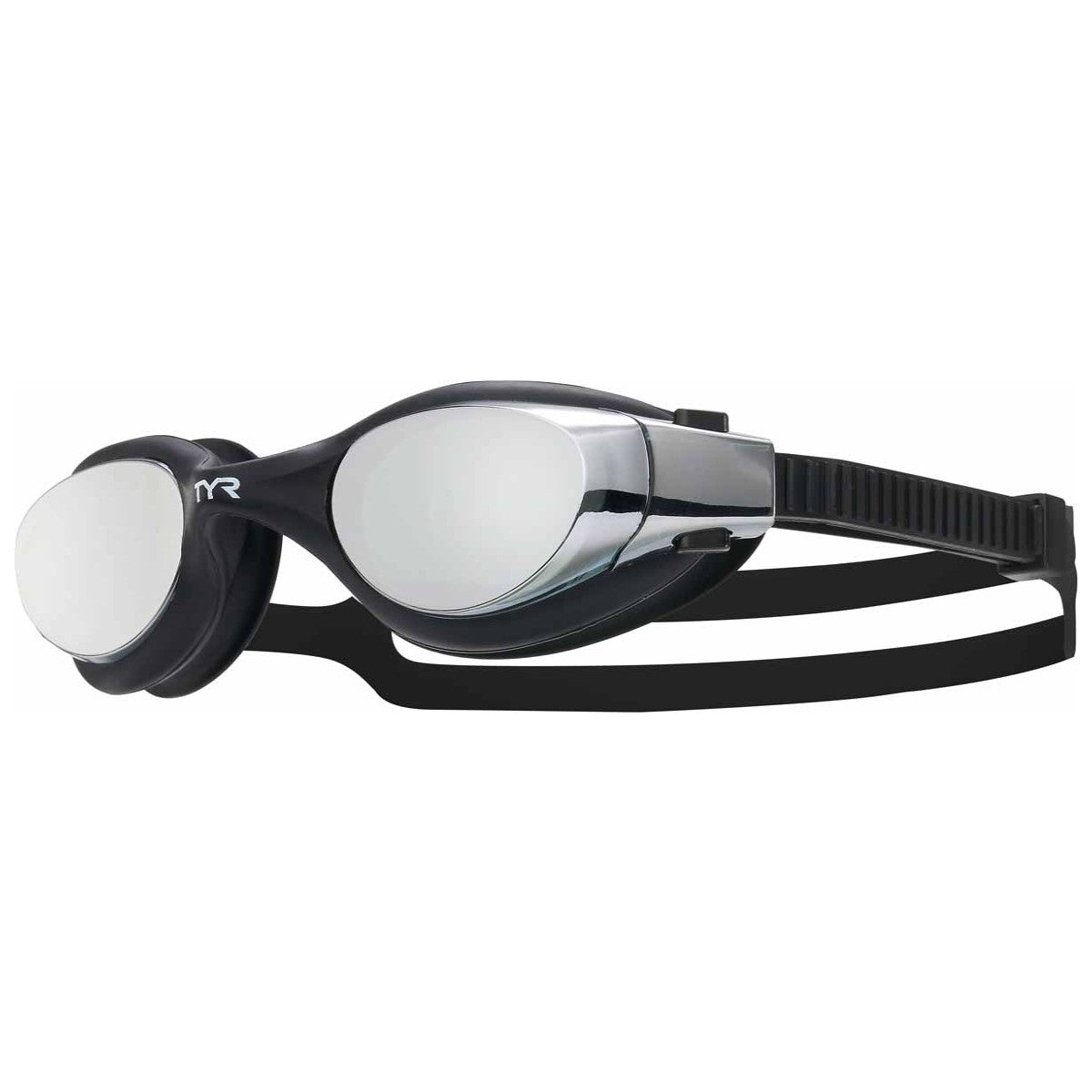 TYR Vesi Mirror Goggles in black with mirrored lenses, designed for swimming, showing the sleek, adjustable strap and reflective surface.