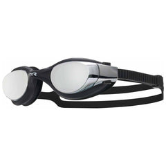 TYR Vesi Mirror Goggles in black with mirrored lenses, designed for swimming, showing the sleek, adjustable strap and reflective surface.