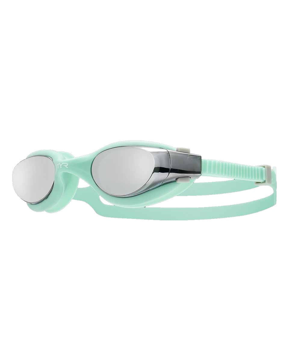 TYR Vesi Mirror Goggles in silver and mint with mirrored lenses, designed for swimming and water sports.