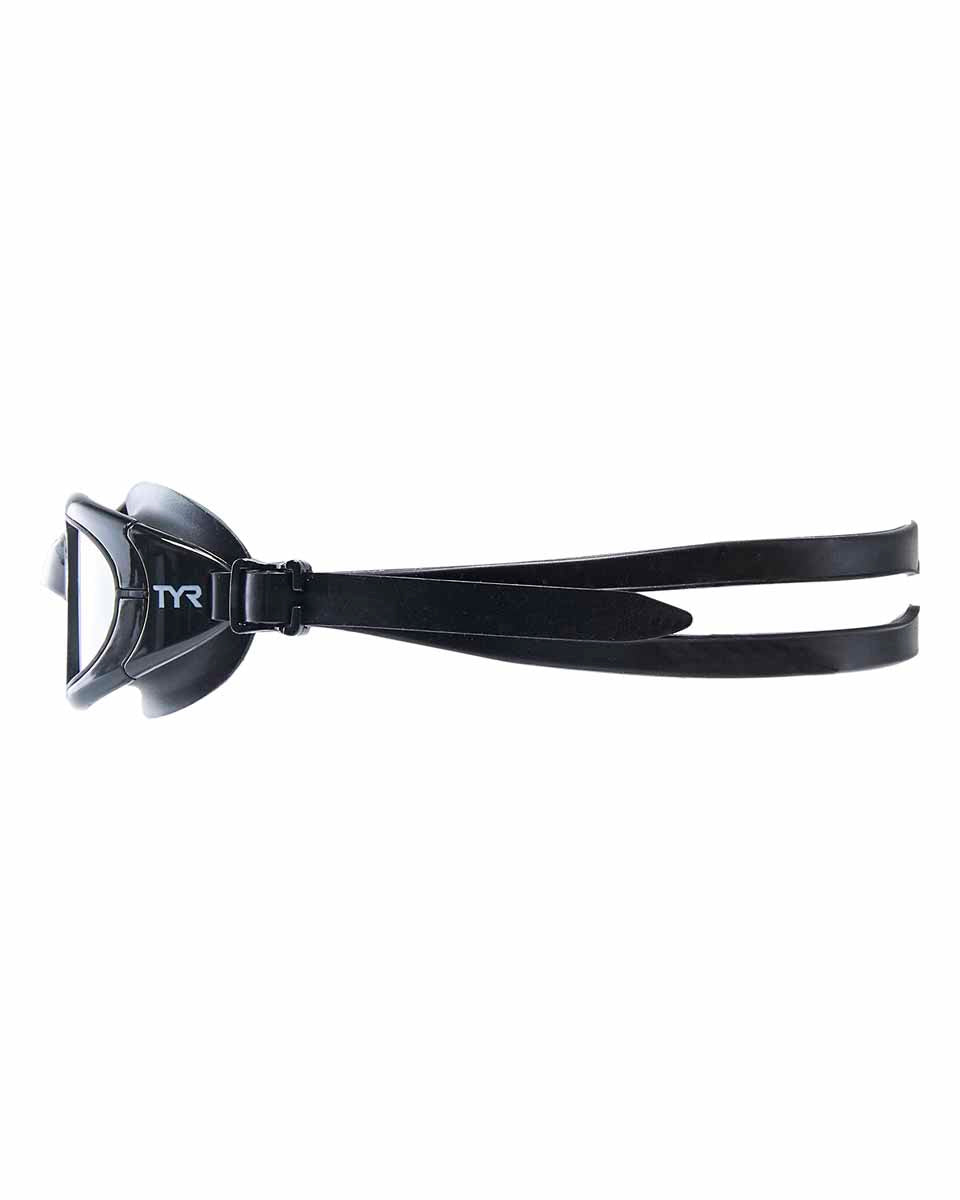 TYR Special Ops 2.0 Mirror Goggles in black with mirrored lenses, featuring a sleek, low-profile design for competitive swimming.