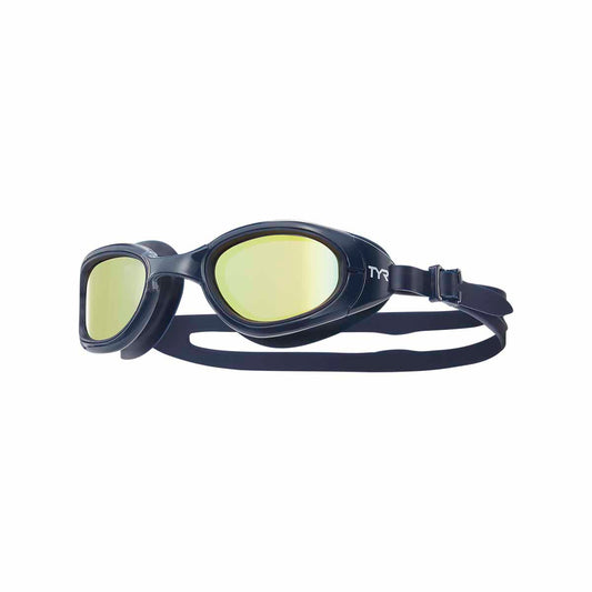 TYR Special Ops 2.0 mirror goggles in gold and navy with adjustable straps and tinted lenses for swimming. 1200